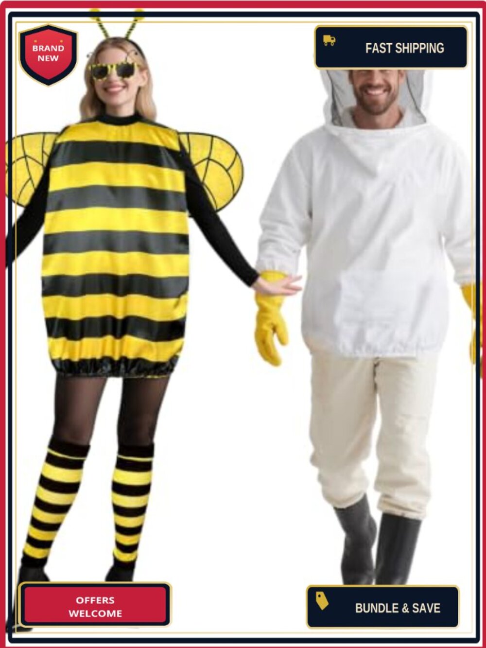 Bee and Beekeeper Couples Halloween Costume Adult Polyester Set with Wings